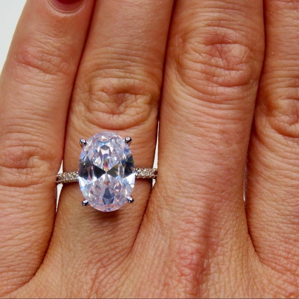 Macy's Silver-Tone Oval CZ Solitaire Ring with Pavé Band
